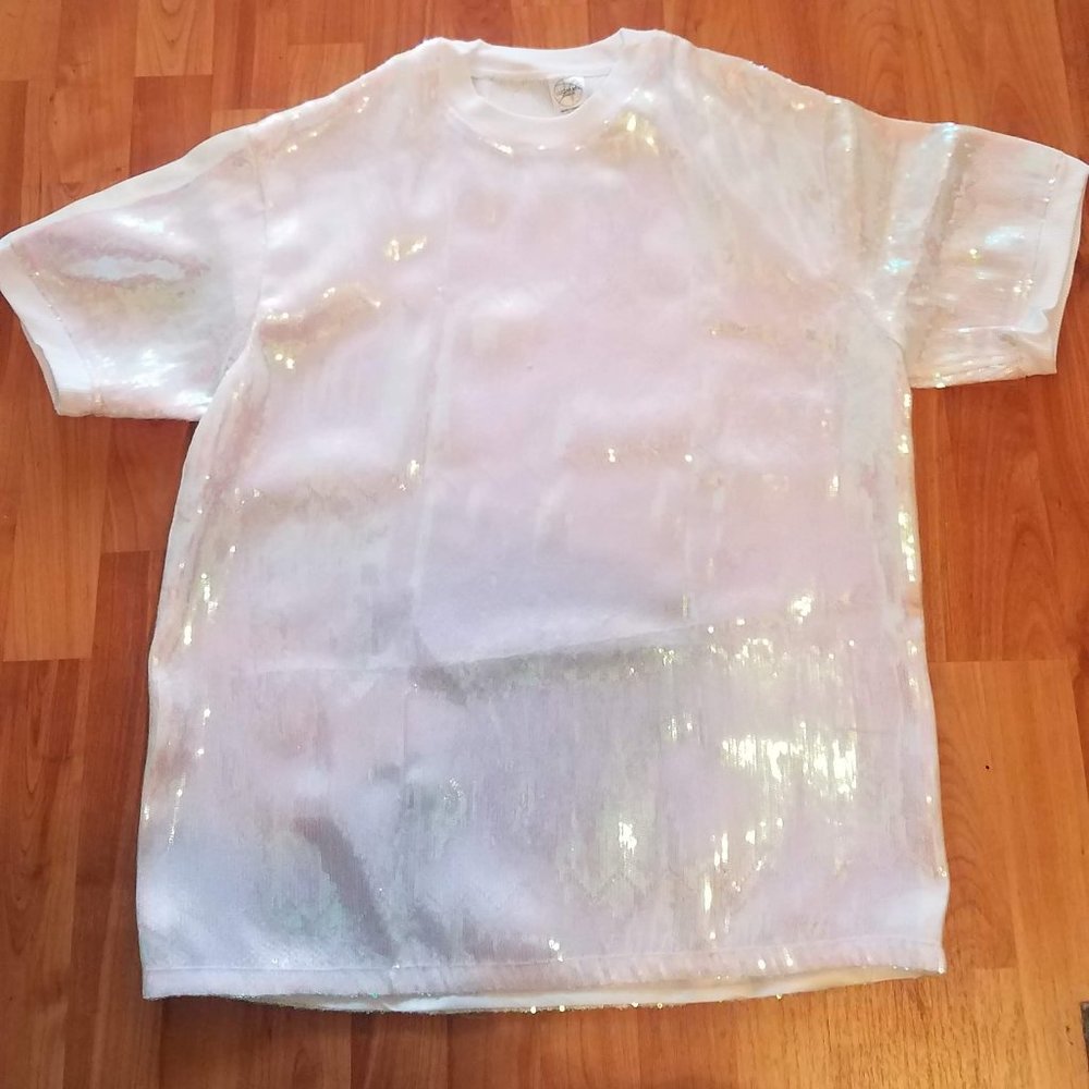 White and Pink Sequin Box T-Shirt - Luqman London - Medium